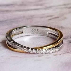 New 18K Gold Plated & 925 Silver Diamond Two Tone Band Ring for Women